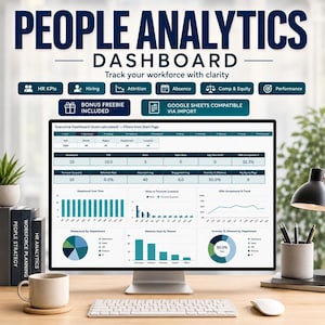 May include: A computer monitor displays a "People Analytics Dashboard" with charts and data visualizations. The screen shows HR KPIs, hiring, attrition, absence, and performance metrics. The text "Track your workforce with clarity" is also visible.