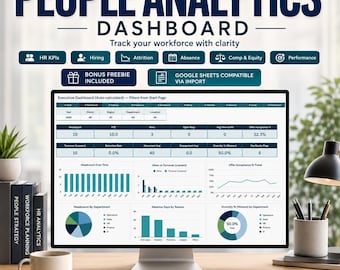 May include: A computer monitor displays a "People Analytics Dashboard" with charts and data visualizations. The screen shows HR KPIs, hiring, attrition, absence, and performance metrics. The text "Track your workforce with clarity" is also visible.