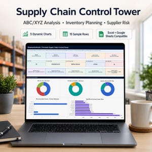 Könnte beinhalten: Ein Laptop-Bildschirm zeigt das SheetworksStudio Premium Supply Chain Control Tower Dashboard mit ABC/XYZ-Analyse, Bestandsplanung, Lieferantenrisiko-Metriken, dynamischen Diagrammen, Datentabellen sowie Excel- und Google Sheets-Kompatibilität.