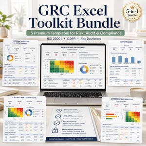Op de afbeelding: Een laptop toont een risicohitmapdashboard, omringd door afdrukken van risicomanagement sjablonen. De tekst "GRC Excel Toolkit Bundle" staat bovenaan, met "5 Premium Templates" en "ISO 27001 GDPR Risk Dashboard" eronder. Een pen en een kopje zijn ook zichtbaar.