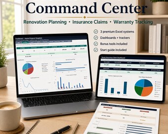 Suite logicielle Centre de contrôle pour propriétaires (Excel) | Planificateur de rénovations, suivi des réclamations d'assurance et des garanties | Gestion immobilière