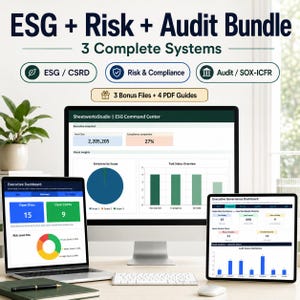 以下が含まれることがあります： 「ESG + Risk + Audit Bundle」というタイトルのデジタル製品バンドルを示す画像。3つの完全なシステムが含まれています。画像には、ESG、リスク、監査コンプライアンスに関連するデータ視覚化とダッシュボードが表示されたラップトップ、デスクトップモニター、タブレットが表示されています。
