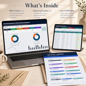 K&ouml;nnte beinhalten: Ein digitales Produktset mit einem AI Content Disclosure und C2PA Compliance Dashboard auf einem Laptop und Tablet sowie einem How-To- und Rechtshinweis-Dokument. Die Bildschirme zeigen Datencharts, Compliance-Status und Protokolle zur Nachverfolgung.