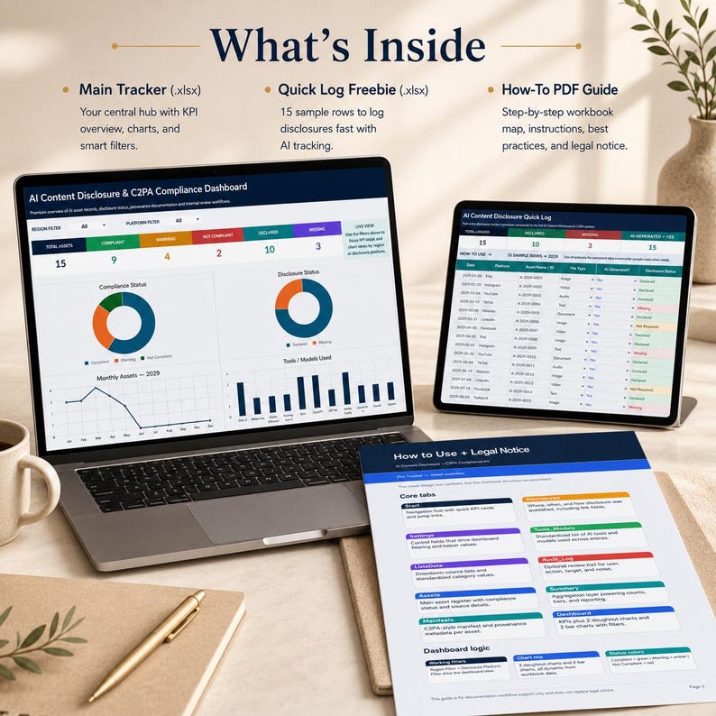 K&ouml;nnte beinhalten: Ein digitales Produktset mit einem AI Content Disclosure und C2PA Compliance Dashboard auf einem Laptop und Tablet sowie einem How-To- und Rechtshinweis-Dokument. Die Bildschirme zeigen Datencharts, Compliance-Status und Protokolle zur Nachverfolgung.