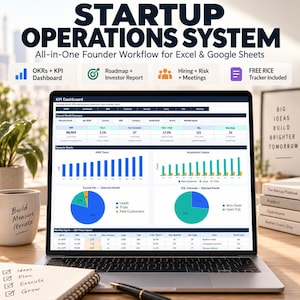 May include: A digital startup operations system for Excel and Google Sheets displayed on a laptop screen. The interface features a KPI dashboard with dynamic charts, MRR trends, acquisition output, funnel mix, and SQL outcome data for business tracking.