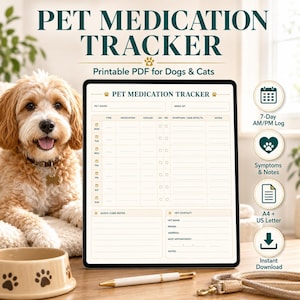 May include: A digital pet medication tracker with the text "PET MEDICATION TRACKER" and "Printable PDF for Dogs & Cats". The image includes a dog, a pen, and a dog bowl. Additional icons include a calendar, a paw print, a document, and a download icon.