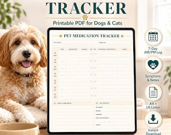 Pet Medication Tracker Printable PDF | Dog Cat Medication Log, AM PM Dosage Chart, Symptoms Notes & Vet Care Planner