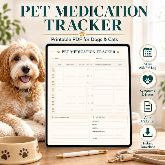 Medikamentenplan für Haustiere als PDF | Medikamentenplan für Hunde und Katzen, Pflegeplan, Dosierung, Symptome & Tierarztnotizen