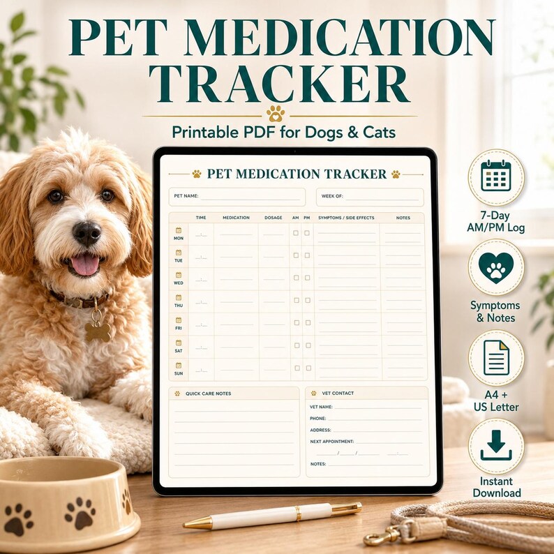 May include: A digital pet medication tracker with the text "PET MEDICATION TRACKER" and "Printable PDF for Dogs & Cats". The image includes a dog, a pen, and a dog bowl. Additional icons include a calendar, a paw print, a document, and a download icon.