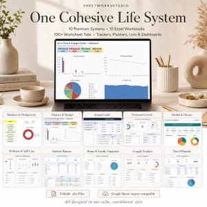 May include: A laptop displays a finance and budget tracker, surrounded by various worksheet tabs for planning and organization. The image includes text: "One Cohesive Life System" and "10 Premium Systems". Other tabs include "Annual Goals" and "Travel Planner".