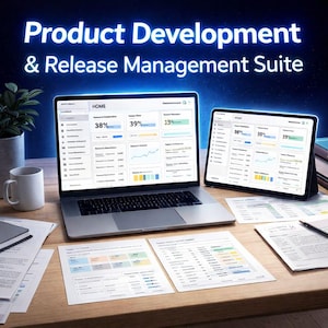 Könnte beinhalten: Ein Laptop und ein Tablet, die eine Softwareoberfläche mit Diagrammen und Daten anzeigen, zusammen mit gedruckten Dokumenten und einer Tasse. Der Text "Product Development & Release Management Suite" steht oben.