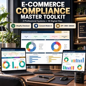 May include: A digital product display featuring the E-COMMERCE COMPLIANCE MASTER TOOLKIT with 3 Professional Systems and 10 Digital Files. Three screens show data dashboards with pie charts, bar graphs, and compliance metrics for Shopify and email.