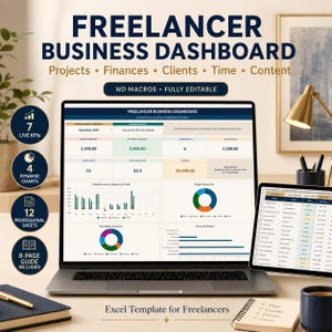 Freelancer Dashboard Excel Template | Project and Finance Tracker, CRM, Time Log, Task Manager & Content Planner