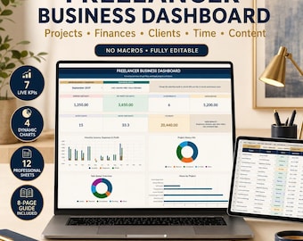 Freelancer Dashboard Excel Template | Project and Finance Tracker, CRM, Time Log, Task Manager & Content Planner