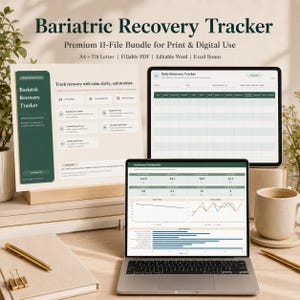 Bariatrie Recovery Tracker PDF | 12-monatiges Ernährungs-, Gewichts- und Stimmungstagebuch | Zum Ausfüllen für Magenbypass und Schlauchmagen