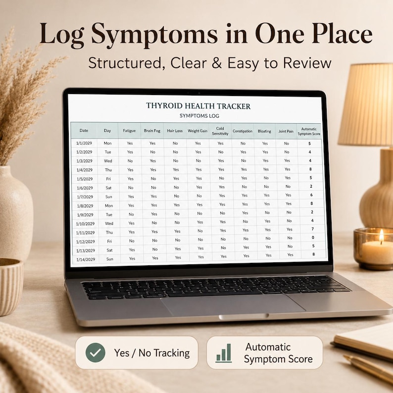 Puede incluir: Una pantalla de port&aacute;til que muestra un registro de s&iacute;ntomas de salud tiroidea con columnas para fecha, d&iacute;a y varios s&iacute;ntomas como fatiga, niebla mental y dolor articular, con el texto Log Symptoms in One Place y Automatic Symptom Score.