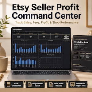 Könnte beinhalten: Ein Laptop zeigt das Dashboard "Etsy Seller Profit Command Center", das Verkäufe, Gebühren, Gewinn und Shop-Leistung verfolgt. Der Bildschirm zeigt Umsatzdiagramme und Finanzdaten. Rechts befindet sich ein "How to Use Guide".