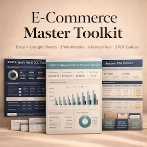 Może przedstawiać: Zestaw narzędzi e-commerce o tytule "E-Commerce Master Toolkit". Obraz przedstawia arkusze kalkulacyjne Excel i Google, 3 skoroszyty, 4 pliki bonusowe i 3 przewodniki PDF. Obraz przedstawia również TikTok Spark Ads & UGC Track, TikTok Shop Profit & Payout Tracker i Amazon FBA Planner.