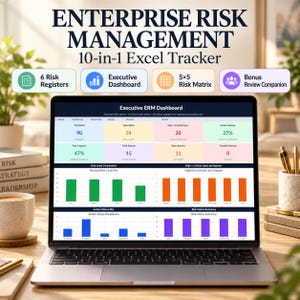 Puede incluir: Una pantalla de portátil que muestra un rastreador de Excel 10 en 1 para la gestión de riesgos empresariales con un panel ejecutivo. La interfaz presenta gráficos de barras coloridos, tablas de datos y métricas de seguimiento de riesgos.