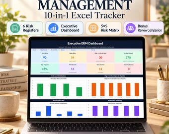 May include: A laptop screen displaying an Enterprise Risk Management 10-in-1 Excel Tracker with an Executive ERM Dashboard. The interface features colorful bar charts, data tables, and metrics for risk distribution, action status, and summaries.