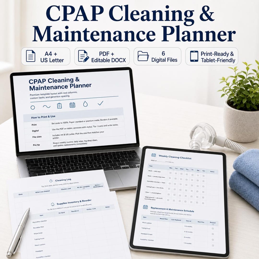 CPAP Cleaning & Maintenance Planner PDF Docx | A4 US Letter Checklist ...