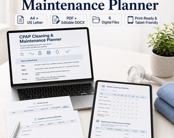 CPAP Cleaning & Maintenance Planner PDF Docx | A4 US Letter Checklist, Cleaning Log, Replacement Schedule and Supply Tracker