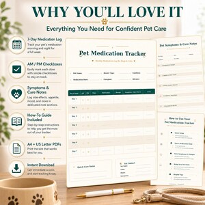 May include: A pet medication tracker with the text "Pet Medication Tracker" and "Everything You Need for Confident Pet Care." The tracker includes sections for medication logs, symptoms, care notes, and a guide. A dog bowl, pen, and leash are also visible.