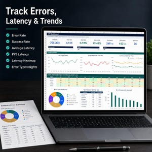 May include: A laptop displaying an API dashboard with data visualizations including line graphs, a pie chart, and tables. Next to the laptop is a printed document titled Endpoint Error Summary, featuring a matching pie chart and data table.