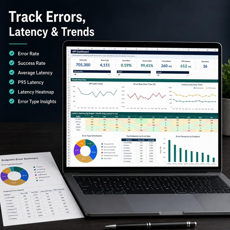 May include: A laptop displaying an API dashboard with data visualizations including line graphs, a pie chart, and tables. Next to the laptop is a printed document titled Endpoint Error Summary, featuring a matching pie chart and data table.