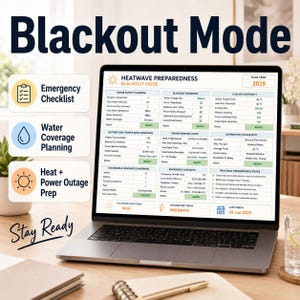 May include: A laptop displays a "Blackout Mode" preparedness plan for 2029. The screen shows checklists for water supply, battery/power bank readiness, and cooling continuity. The text "Stay Ready" is visible.