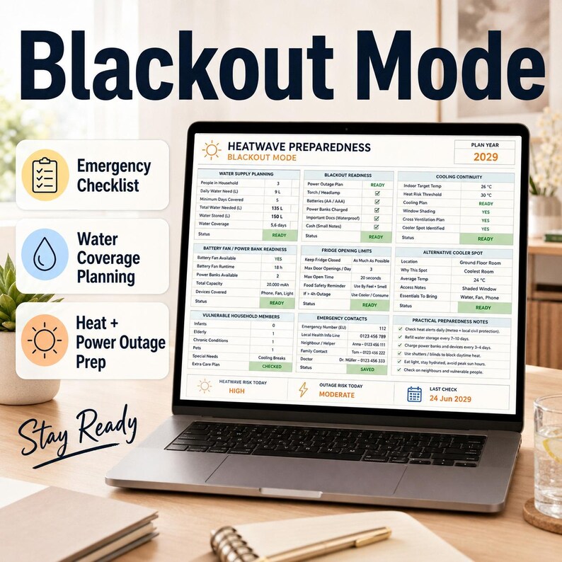 May include: A laptop displays a "Blackout Mode" preparedness plan for 2029. The screen shows checklists for water supply, battery/power bank readiness, and cooling continuity. The text "Stay Ready" is visible.
