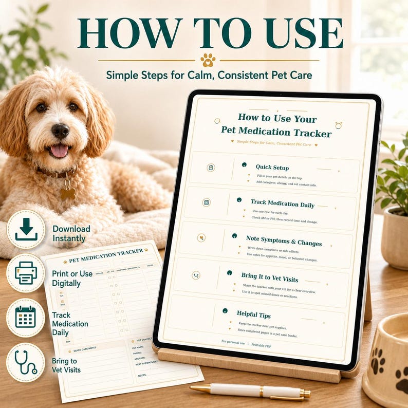 May include: A digital tablet displays "How to Use Your Pet Medication Tracker" with steps for pet care. A fluffy dog is in the background. Icons indicate instant download, printing, tracking medication, and vet visits. A pen and a pet bowl are also visible.