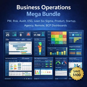 May include: A digital graphic promoting a business operations mega bundle. The image features various dashboards with charts and graphs, including Gantt charts, revenue indicators, and budget details. Text includes "Business Operations Mega Bundle" and "Save $100."