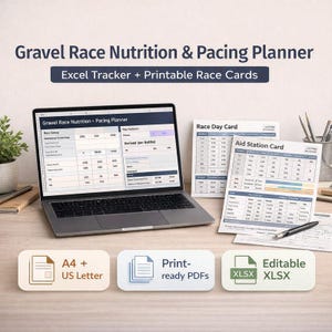 Planificador de carreras de grava (Excel): Nutrición y ritmo + Mapas de 2 páginas para el día de la carrera y los puntos de avituallamiento | Imprimible en formato A4/Carta estadounidense