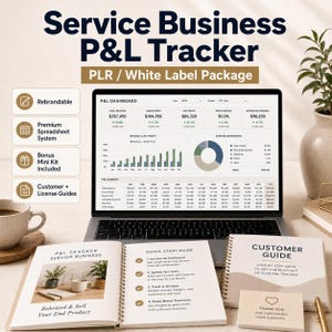 Pode incluir: Um laptop exibe um painel de controle de lucros e perdas com dados financeiros e gráficos. Ao lado do laptop, há livros abertos intitulados "P&L Tracker Service Business" e "Quick Start Guide". A imagem também inclui um "Guia do Cliente" e um cartão de "Obrigado", todos relacionados a um pacote de negócios de serviços.