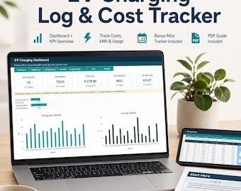 EV Charging Log & Cost Tracker Excel Template | Electric Vehicle Charging Cost Spreadsheet, kWh Dashboard, Car Charging Log + Mini Tracker