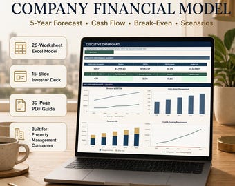 Property Management Financial Model Excel | 5-Year Forecast, Cash Flow, Break-Even, Scenarios + PowerPoint & PDF Guide