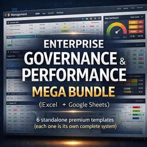 Pode incluir: Um ecrã digital que mostra um "MEGA BUNDLE" para "ENTERPRISE GOVERNANCE & PERFORMANCE". O ecrã exibe tabelas de dados, gráficos e o texto "(Excel + Google Sheets)" e "6 modelos premium independentes".
