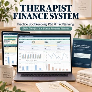May include: A digital finance system for therapists featuring an Excel template and revenue planner. The display shows a dashboard with charts, profit margins, and expense categories. Includes a printed guide, a notebook, and a ceramic mug.