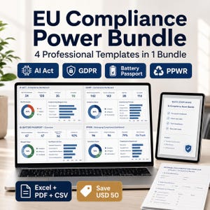 Könnte beinhalten: Ein Laptop, ein Tablet und ein gedrucktes Dokument zeigen Datenvisualisierungen zur EU-Konformität. Der Bildschirm zeigt Dashboards für AI Act, GDPR, Battery Passport und PPWR. Text enthält "EU Compliance Power Bundle" und "4 Professional Templates in 1 Bundle."
