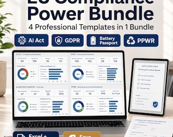 May include: A laptop, tablet, and printed document display data visualizations related to EU compliance. The screen shows dashboards for AI Act, GDPR, Battery Passport, and PPWR. Text includes "EU Compliance Power Bundle" and "4 Professional Templates in 1 Bundle."