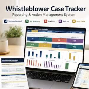 May include: A Whistleblower Case Tracker Reporting & Action Management System displayed on a laptop screen, a tablet, and a printed document. The interface features a dashboard with charts, metrics, and tabs for reports, cases, and risk assessment.
