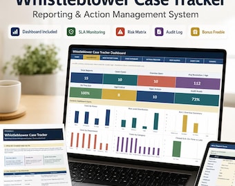 May include: A Whistleblower Case Tracker Reporting & Action Management System displayed on a laptop screen, a tablet, and a printed document. The interface features a dashboard with charts, metrics, and tabs for reports, cases, and risk assessment.