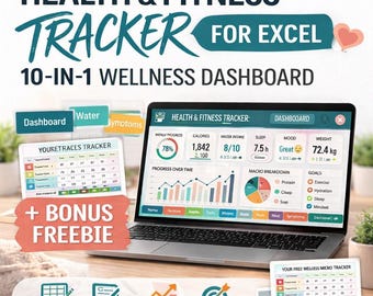 Health & Fitness Tracker Excel Template | 10-in-1 Tracker for Nutrition, Water, Sleep, Weight, Mood + Freebie Habit Tracker