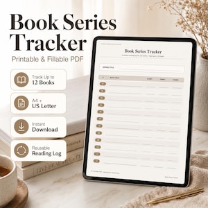 Könnte beinhalten: Ein digitaler Buchserien-Tracker auf einem Tablet, mit dem Titel "Book Series Tracker" oben. Der Tracker ist für bis zu 12 Bücher konzipiert. Das Bild zeigt auch einen Stapel Bücher, eine Tasse und den Text "Printable & Fillable PDF".