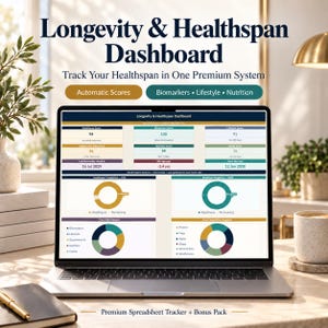 May include: A laptop screen displaying a Longevity & Healthspan Dashboard with various data metrics, including healthspan, biomarker, and lifestyle scores. The interface features colorful donut charts, progress bars, and text labels for tracking health data.