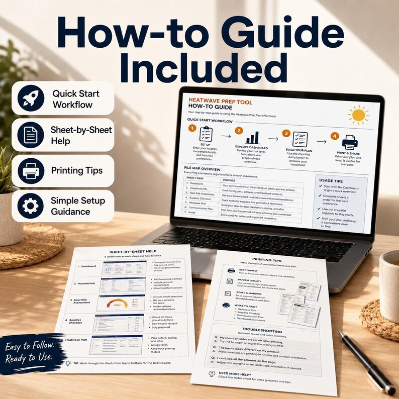May include: A laptop displays a "How-to Guide" with workflow steps and printing tips. Accompanying papers detail sheet-by-sheet help and troubleshooting. The text reads "Easy to Follow. Ready to Use."