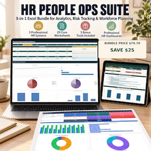 Può includere: HR People Ops Suite, pacchetto Excel 3-in-1 per analisi, monitoraggio dei rischi e pianificazione della forza lavoro. Include 3 sistemi HR professionali, 29 fogli di lavoro, 3 strumenti bonus e dashboard HR visualizzate su laptop e tablet.