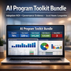 Może przedstawiać: Laptop z tytułem "AI Program Toolkit Bundle" i wizualizacjami danych. Ekran pokazuje 78% adopcji, 320 godzin zaoszczędzonego czasu, wartość 45 200 $, i wartość netto 35 800 $.