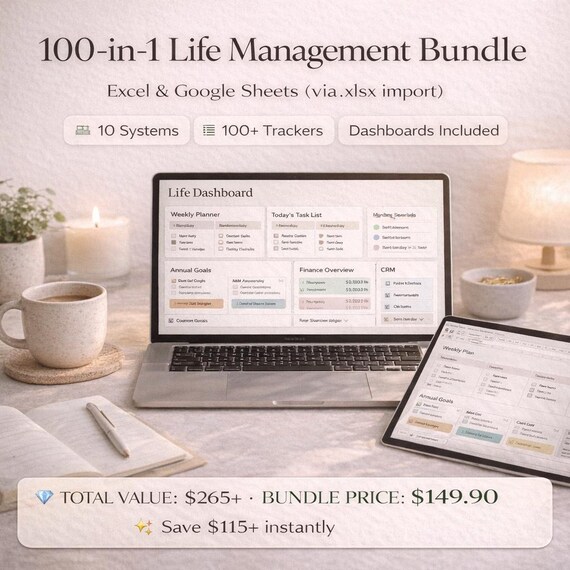 100-in-1-Paket für Lebensmanagement | Excel & Google Sheets | Ziele, Finanzen, Gesundheit, Planung, Achtsamkeit, Business